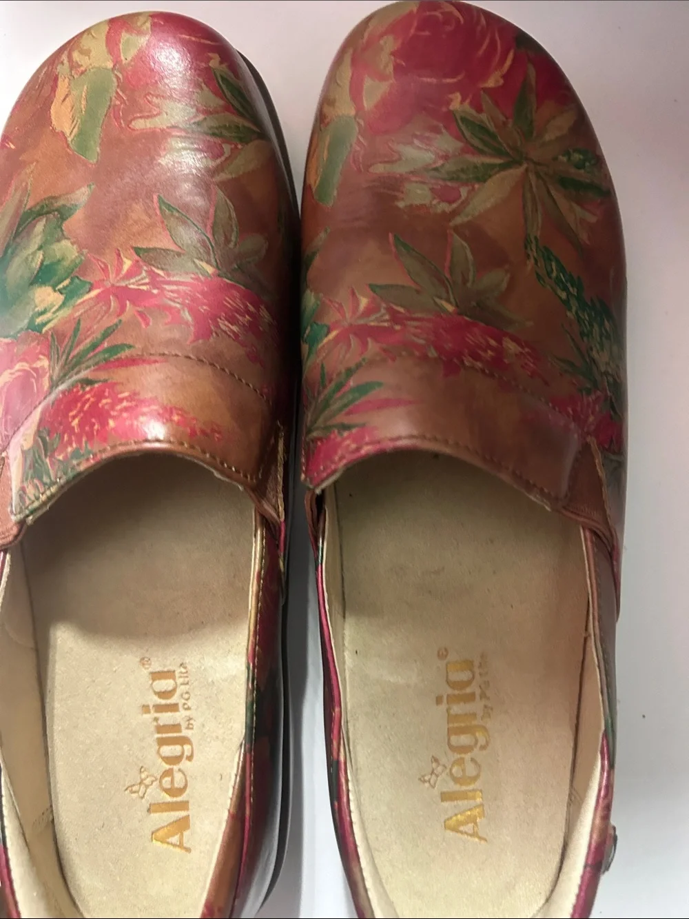 Alegria Pink and Green Floral Leather Slip-Ons